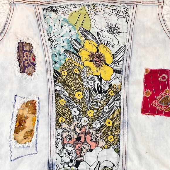 Pistola Boho Denim Distressed Vest Jacket Upcycled 3D Crochet Festival S/M - Picture 5 of 15